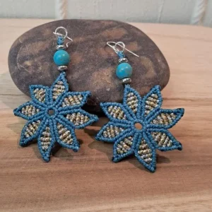 Boucles d'oreilles fleurs dormeuses turquoise et or-argent